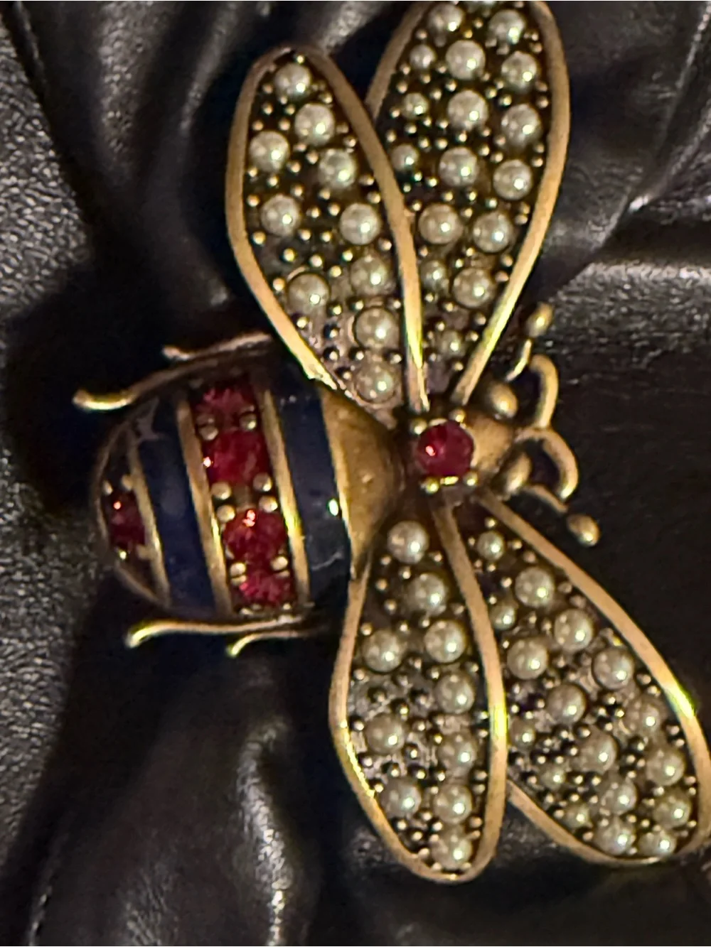 Gucci Black Leather Flats with Pearl & Crystal Bee Accent